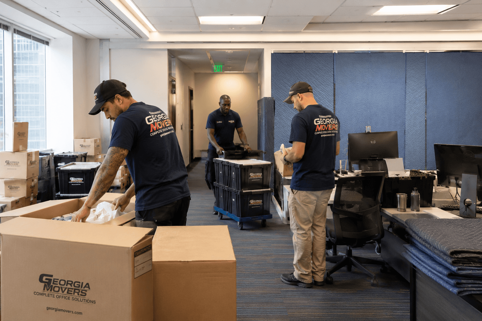 A commercial moving crew packing and moving an office on the job