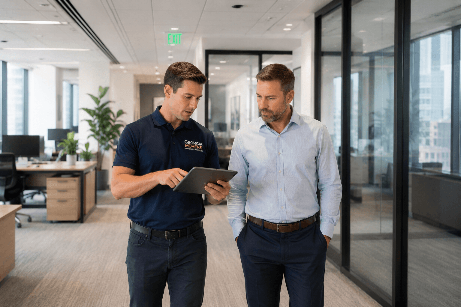 A commercial mover walking a client through a quote on a tablet during the site walkthrough